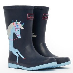 Size 11 Girls Joules Navy Unicorn Print Kids Rain Boots with Light Blue Soles